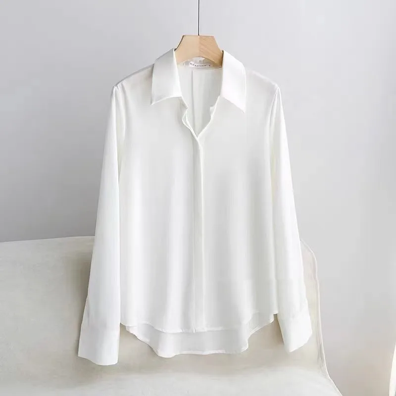 

Autumn Turn Down Collar Silk Shirts Satin White Blouse Fashion Women Long Sleeve Tops Office Loose Casual Lady Blusas 24168