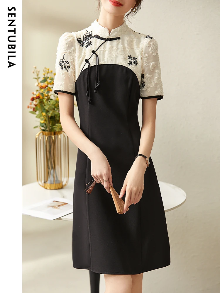 

Sentubila Vintage Chinese Qipao Dresses of Women 2023 Summer Fashion Stand Collar Short Sleeve Embroidery Ladies Black Dress