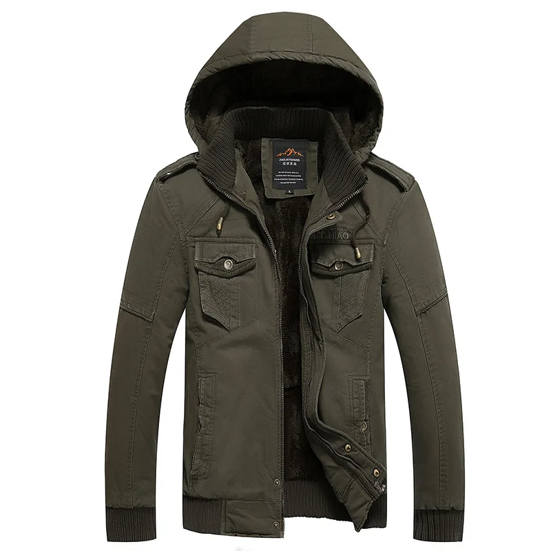 Men's Hooded  Plus Velvet Thick Jacket Military Style Parkas Coat Multiple Pockets Cargo Cotton Coat Male