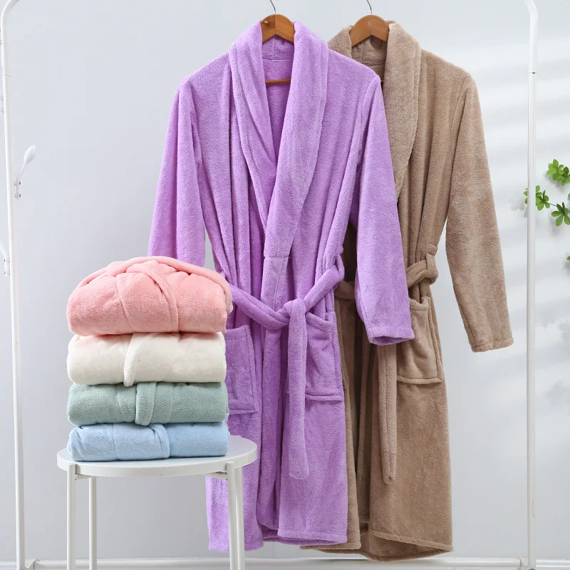 

Flannel Sleepwear Peignoir Homme Robes Home Wear Kimono Gown with Pocket Warm Nightgown Winter Coral Velvet Bathrobe for Women