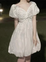 qweek vintage kawaii fairy mini dress women summer sweet french retro off shoulder elegant party short dresses puff sleeve 2022