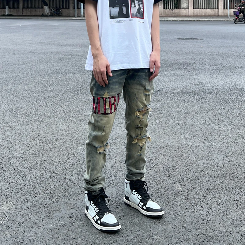 Street Fashion Men Jeans Retro Yellow Blue Stretch Skinny Ripped Jeans Men Elastic Trousers Patches Designer Hip Hop Brand Pants