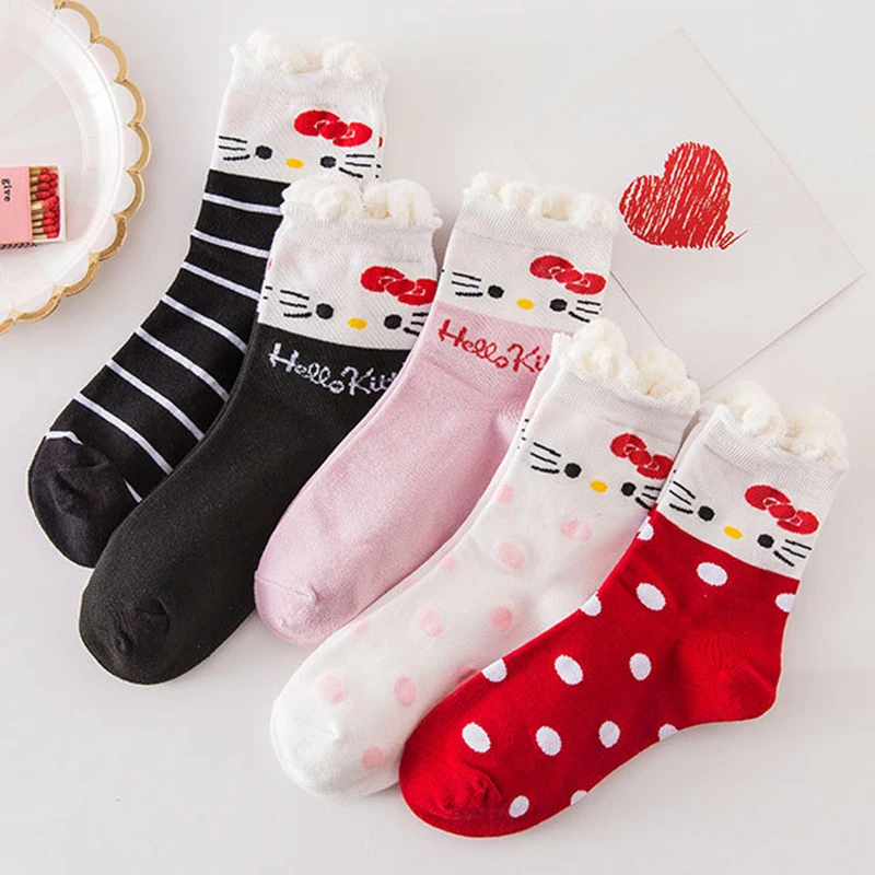 

1 Pair Hello Kitty Women Socks Happy Funny Cartoon Anime Socks Combed Cotton Casual Middle Tube Socks Harajuku Kawii Socks 35-40