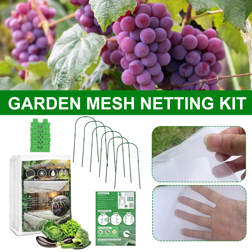 

Garden Mesh Netting Kit 10x30ft Plant Cover Ultra-Fine Mesh Net with 6 Greenhouse Hoops 12 Clips Tunnel Support Hoop for Plants