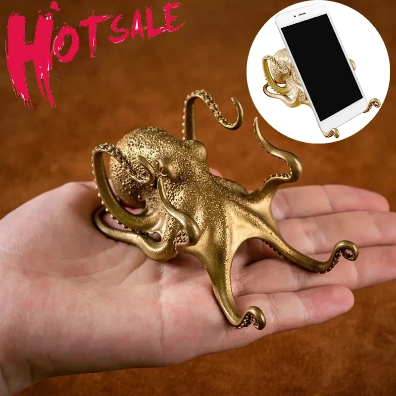

New Creative Brass Octopus Stand For Computer Phone Pen Holder Funny Small Animal Shape Ornaments Gift Home Office Decoration