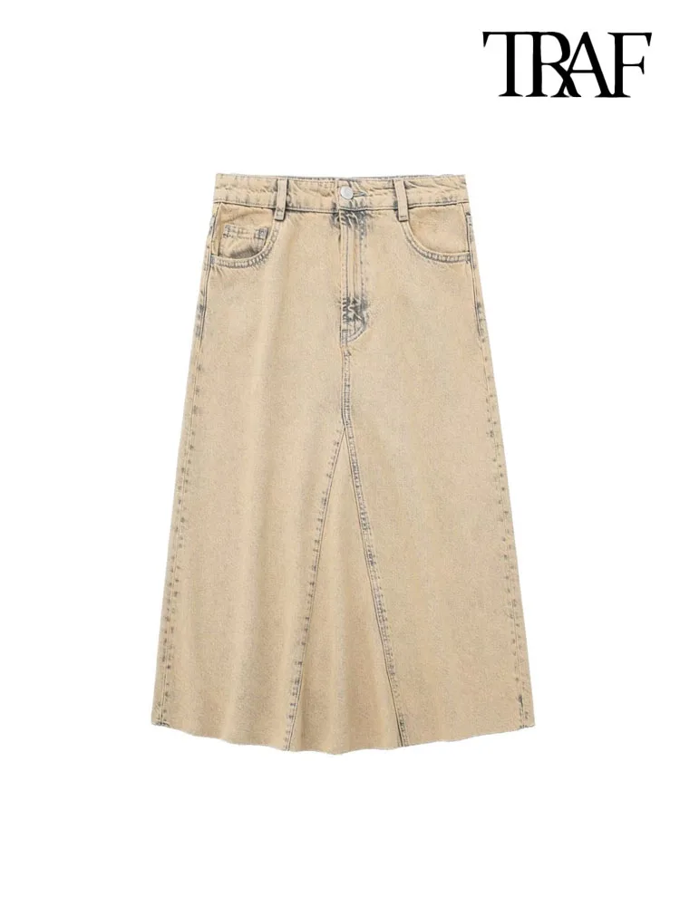 

TRAF Women Fashion With Pockets Overdyed Denim Midi Skirt Vintage Mid Waist Zipper Fly Female Skirts Mujer