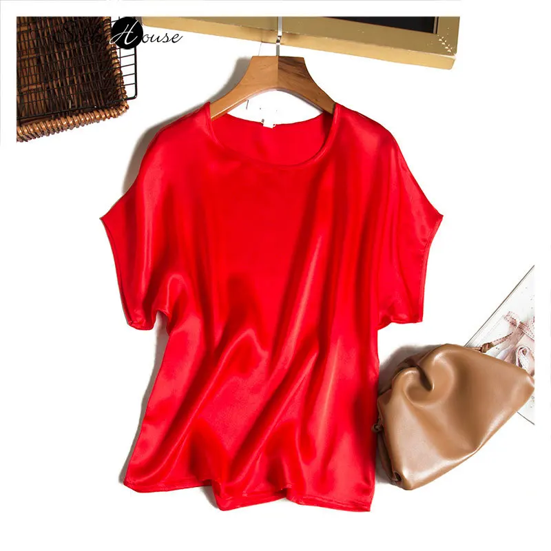 

Женская одежда, новинка 2022, Красная атласная футболка с рукавом реглан из шелка тутового шелкопряда, женская модная летняя футболка