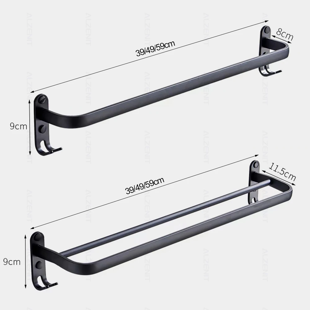 towel bar 40 60cm double rod rail rack with hook wall mount holder bathroom accessories matte black shower hanger aluminum shelf free global shipping