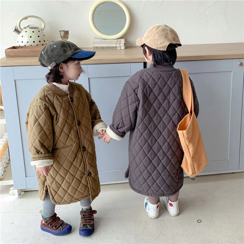 

Children solid color mid-length quilted jackets winter boys and girls loose thicken warm Half high collar cotton-padded coats