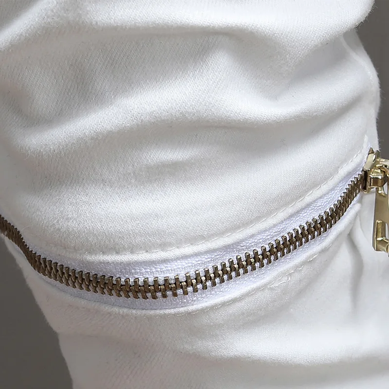 Tide Brand High Street Personality Stitching Youth White Motorcycle Riding Pants Jeans Zipper Style Trendy Men'S Trousers