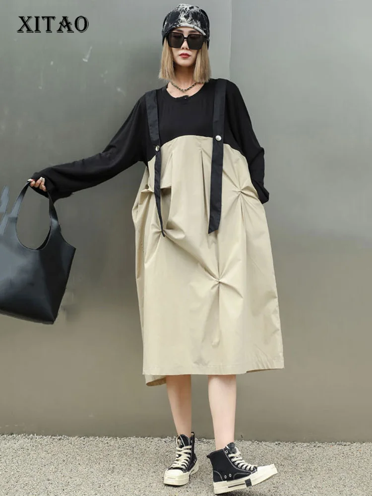 

XITAO свободное женское платье со складками, индивидуальное контрастное цветное лоскутное женское платье, осень 2023, Повседневное платье из двух частей LYD1206