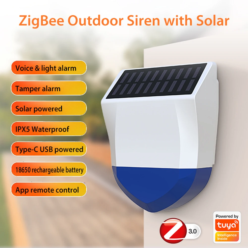 

Smart WiFi Outdoor Solar Siren IPX5 Waterproof Sound Light Alarm Siren Sensor Home Security Alarm System Bluetooth-compatible