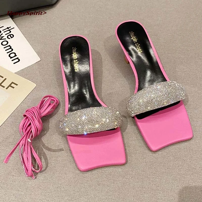 

Ladies Shoes For Women Sandals New Fashion Rhinestones Cross-Tied Party High Heels Square Toe Slides Woman Pumps Female Shoes