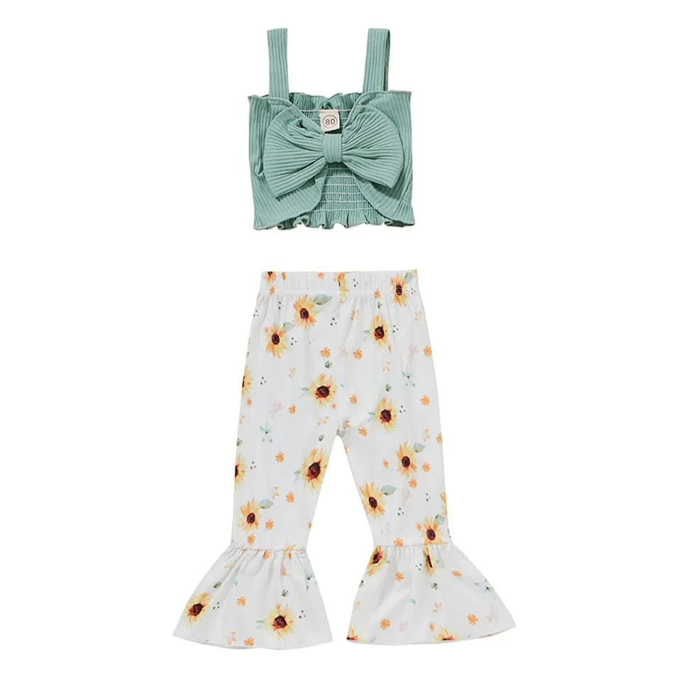 

2022 Hot Summer Fashion Short Sleeve Suit Bell-bottoms Bule Jeans Toddler New Camisole Thanksgiving Outfits for Girls Floral Set
