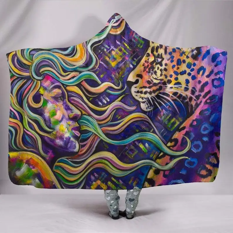 

Hooded Blanket, Woman and Leopard, Gypsey Wild Child, Abstract Leopard, Hippie Festival, Neon Acid Trip, Multi coloured,