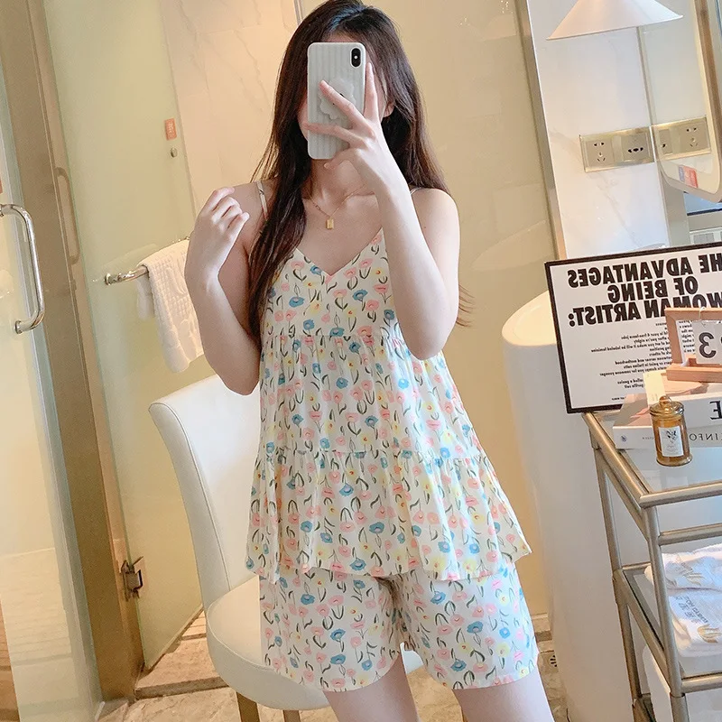 Sweets Princess Girls' Summer Viscose Pajamas Suit V-Neck Sling Printing Two Pieces Fairy Clothes Plus Size With Bra