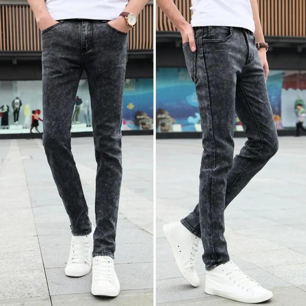 Simple Denim Trousers Pockets Ankle Length Slim Fit Pencil Denim Trousers  Skin-Touch Men Jeans Streetwear