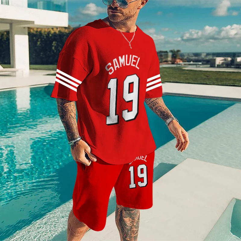 Men's Short-sleeved Shorts Suit, Printed T-shirt, Sports Style, Red Basketball T-shirt, Two-piece Breathable Casual Sports Shirt