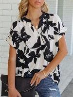 summer print blouses for women 2022 fashion v neck elegant loose office lady shirt oversized casual short sleeve chiffon tops