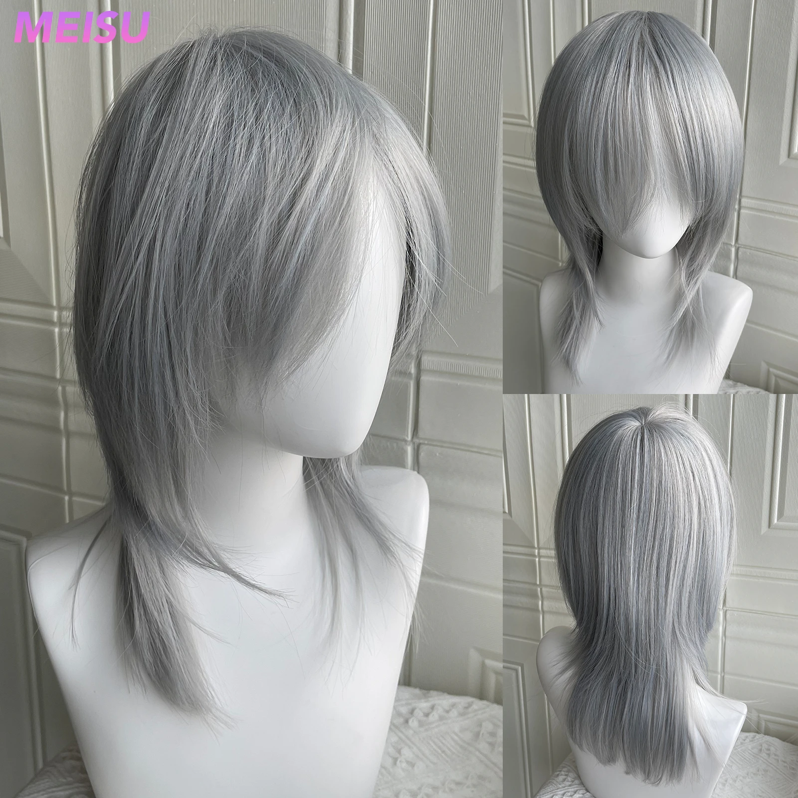 MEISU 18-дюймовый синтетический серебряный парик с белыми волосами для мужчин и