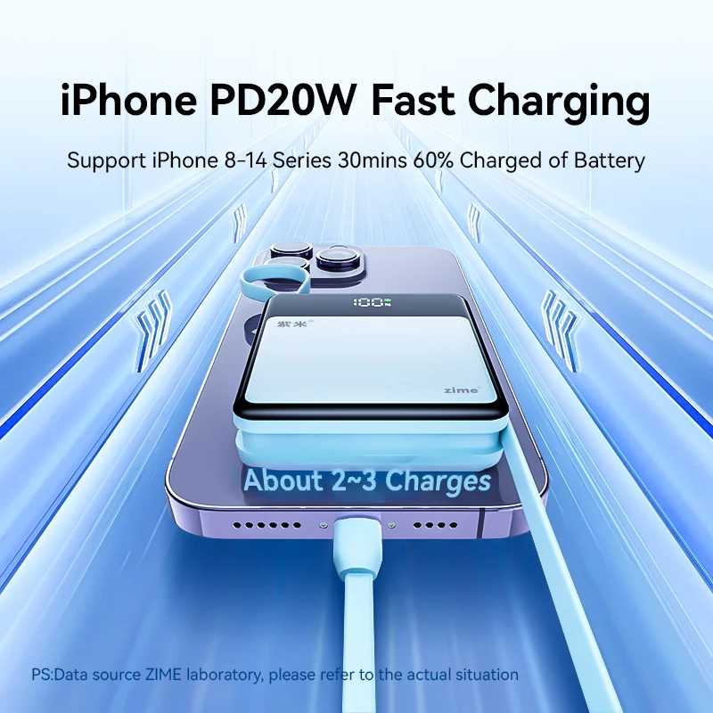 Zime Mini Power Bank 10000mAh Built-in Dual Fast Charging Cables 22.5W Powerbank Portable Battery Charger for iPhone 14 13 Pro