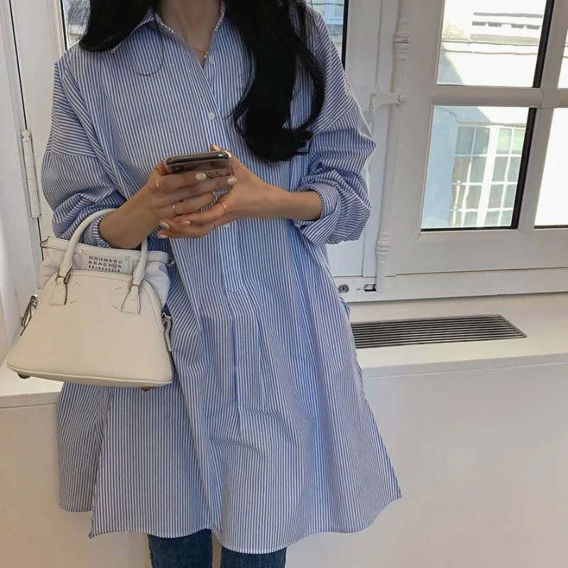 

SuperAen 2022 Spring and Autumn New Design Sense of Niche Stripe Casual Shirt Women Turn-down Collar Fashion Tops