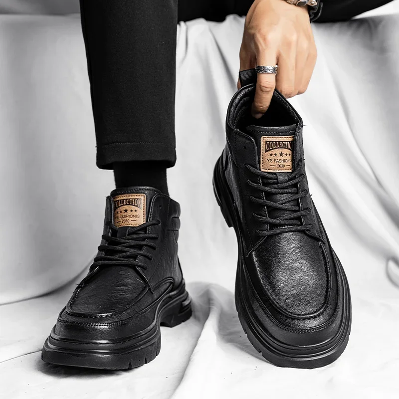 Мужские ботильоны с высоким вырезом однотонные кожаные кроссовки мотоциклетные