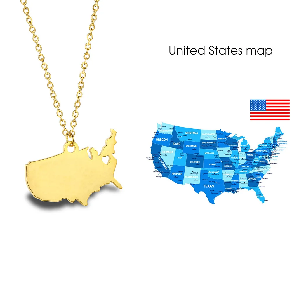 

Megin D Stainless Steel Titanium Vintage United States US Map Hip Hop Pendant Collar Chains Necklace for Men Women Gift Jewelry