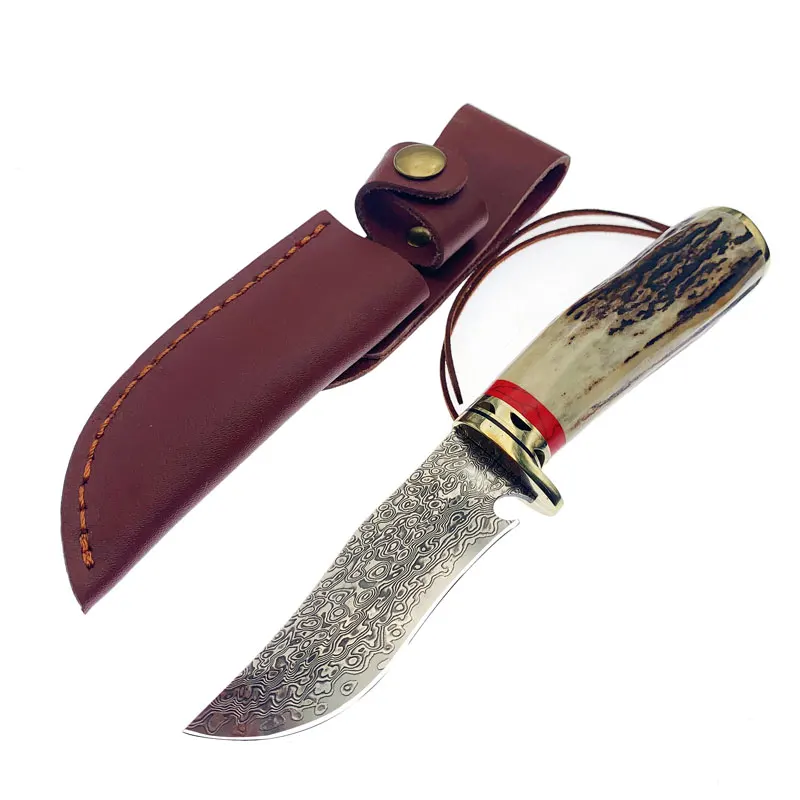 Damascus Forged Steel  Straight Fixed Blade Antlers Horn Handle Handmade Damascus Steel Knife Hunting Knife