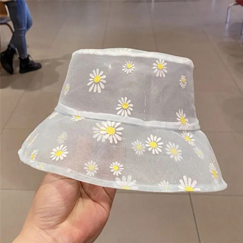 

Daisies Embroidered Buckets Hat Transparent Panama Women Lace Flower Beach Hats High Top Snapback Fashion Daisy Sun Cap Summer