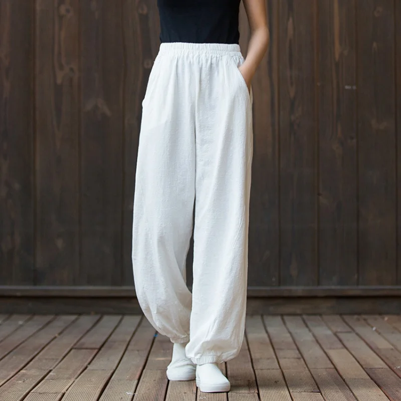 

Summer cotton and hemp women jogging pants solid color sports Harajuku women's pants casual retro elastic waist loose pants
