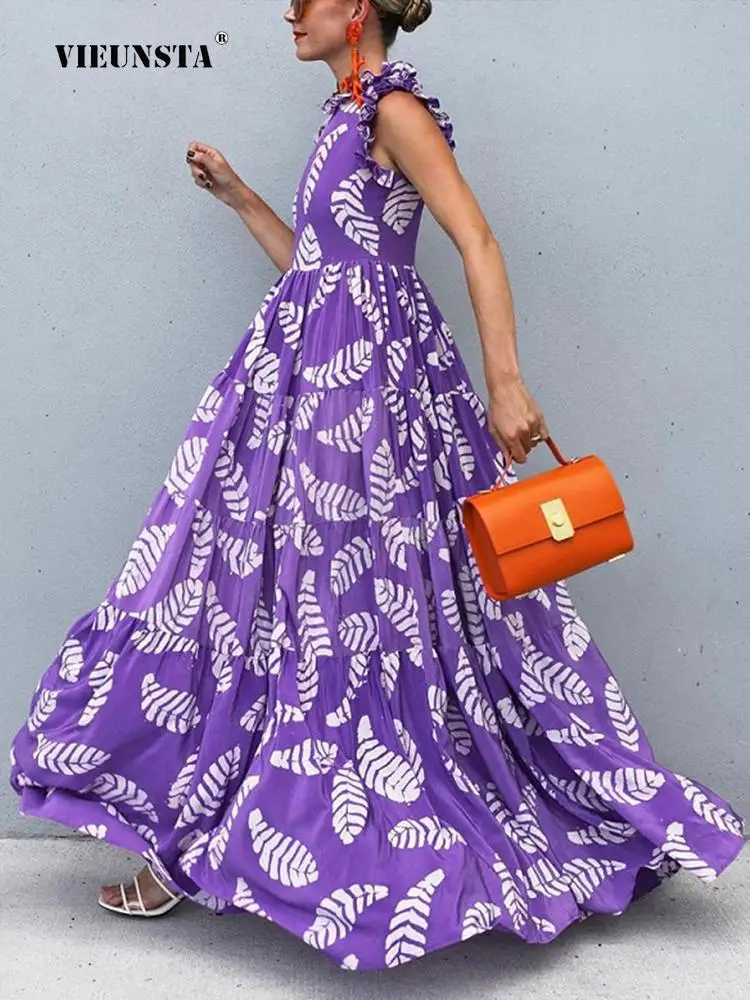 

Платье-Макси женское с круглым вырезом, пикантный свободный пляжный вечерний сарафан без рукавов, с принтом листьев, узкая талия, в стиле бо...