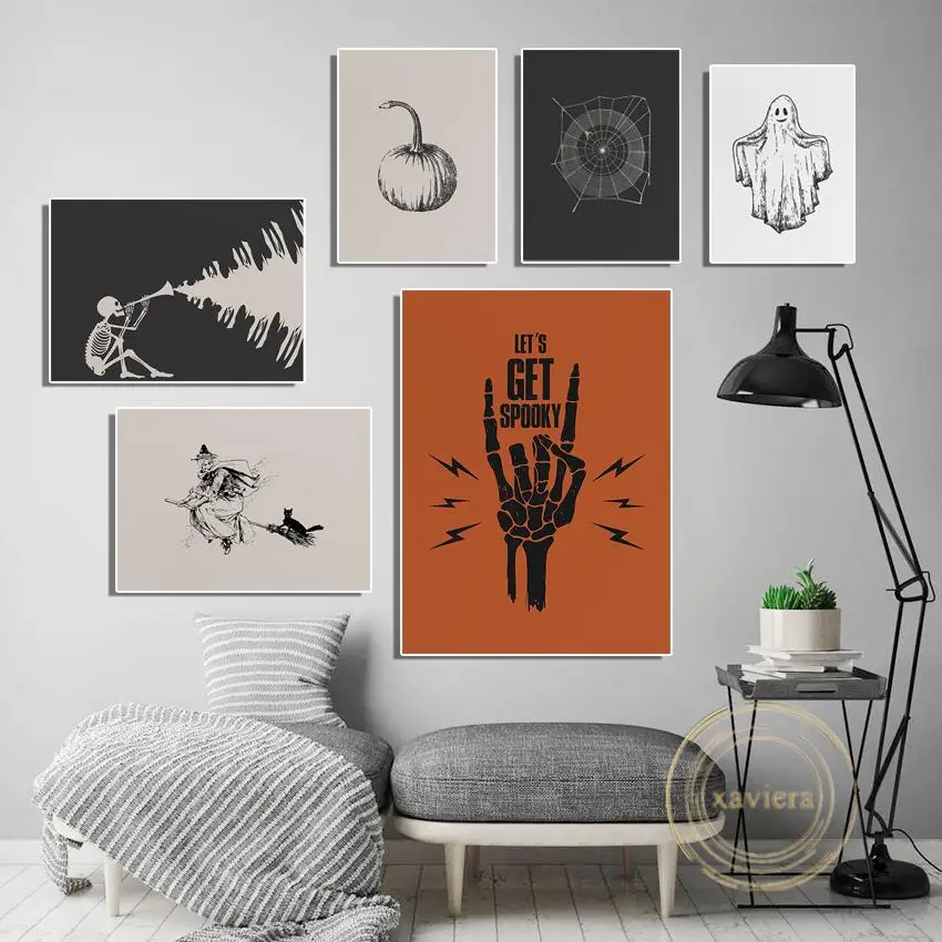 

Halloween Funny Skeleton Ghost Poster Minimalist Witch Pumpkin Canvas Painting Mysterious Wall Art Picture for Living Room Decor