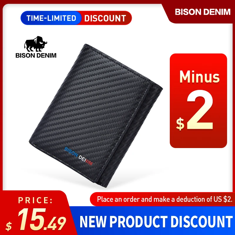 

BISON DENIM Carbon Fiber Card Holder Wallets Men Brand Black Magic Trifold Leather Slim Mini Wallet Male Purses W4543-2B-1