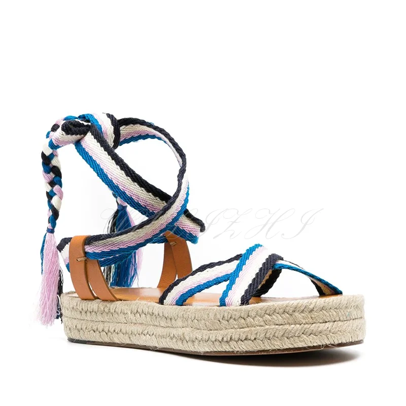 

Blue and White Lace Up Flat Sandals Espadrilles Tassel Women Casual Riband Open Slipper Sporty Patchwork Platform Slingback Shoe