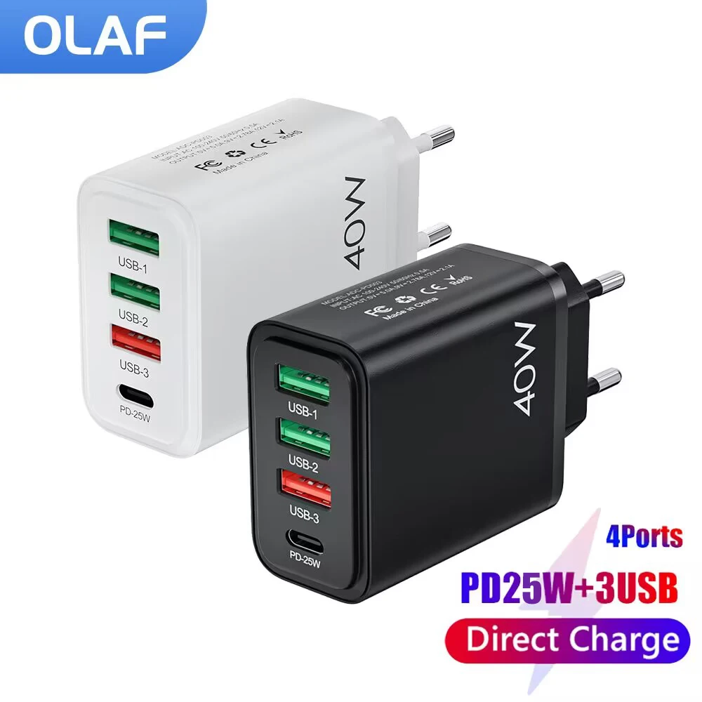 

4 Ports 40W USB C Charger PD25W Travel Wall Charger Fast Charging Type C Mobile Phone Chargers Adapter For iPhone Samsung Xiaomi