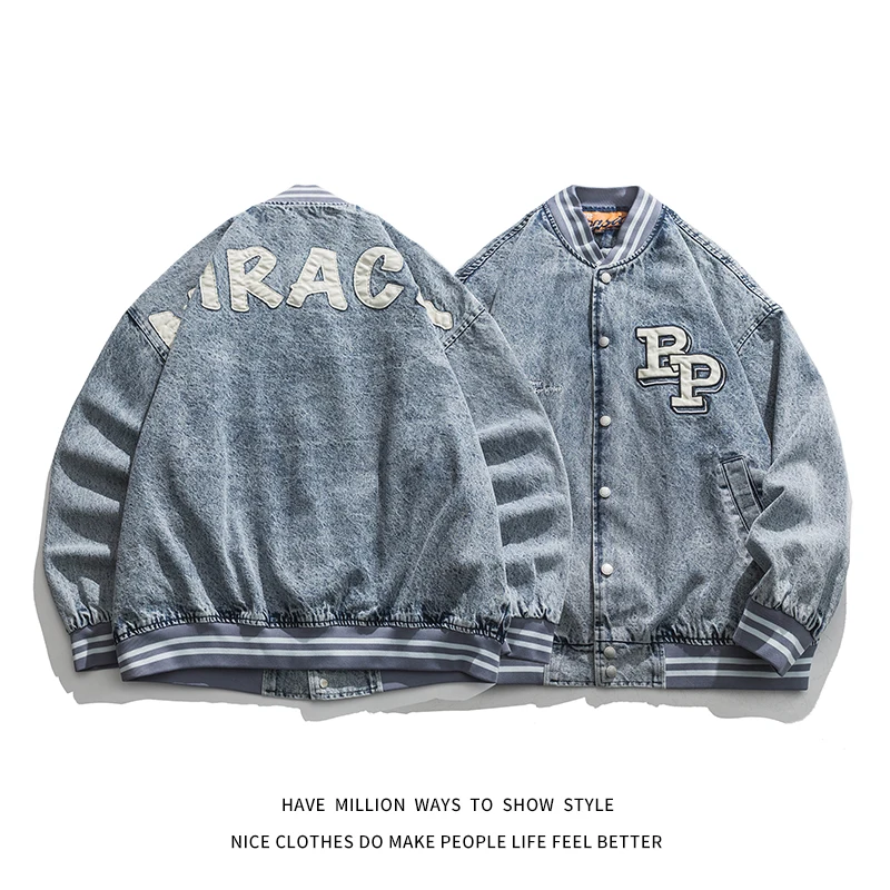 

New Arrival High Street Wash Old Distressed Denim Jacket Men Unisex Women Oversize Coach Varsity Bomber Boyfriend Style Couple