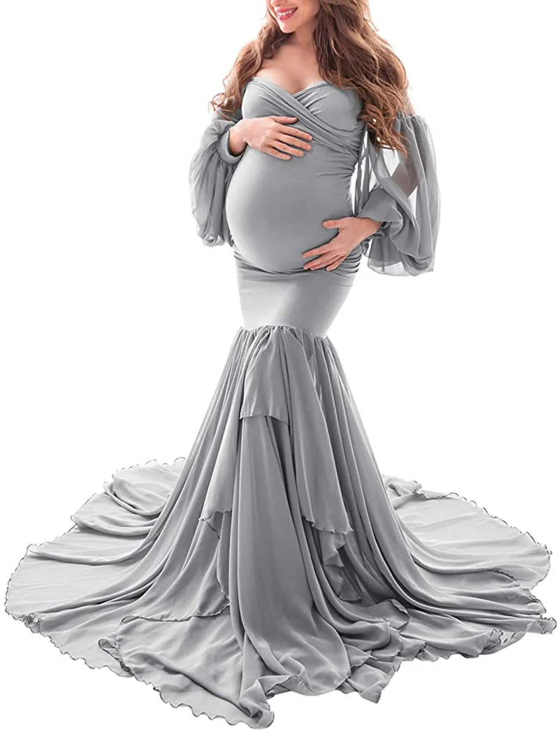 Sexy Photography Props Mermaid Dress Shoulderless Maternity Dresses Photoshoot Ruffles Pregnancy Maxi Gown Pregnant Women Dress