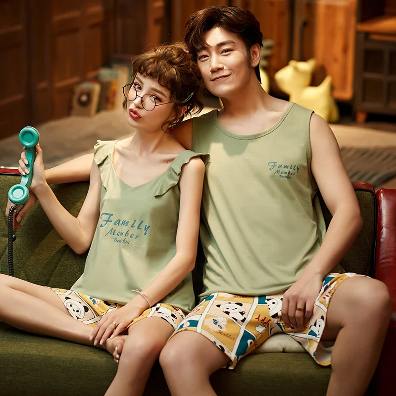 Летняя трикотажная Хлопковая пижама для пар жилет с мультяшным рисунком