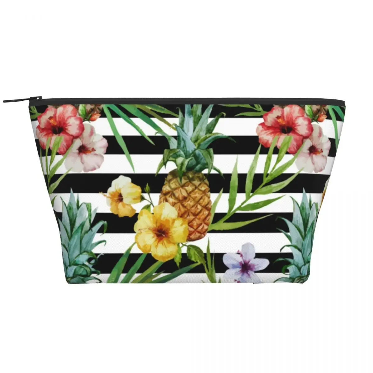 

Tropical Flower Print Zip Storage Organizers Black Stripes Pineapple Multi-purpose Traveling Makeup Pouch Women Cosmetic Bags