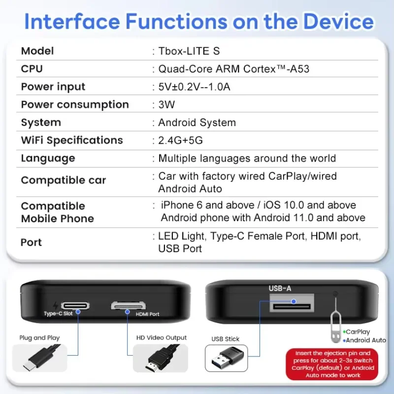 Фото Мультимедийный HDMI-адаптер Android Auto CarPlay, AI-бокс для автомобиля, беспроводной USB-адаптер CarPlay для видео и Netflix №2