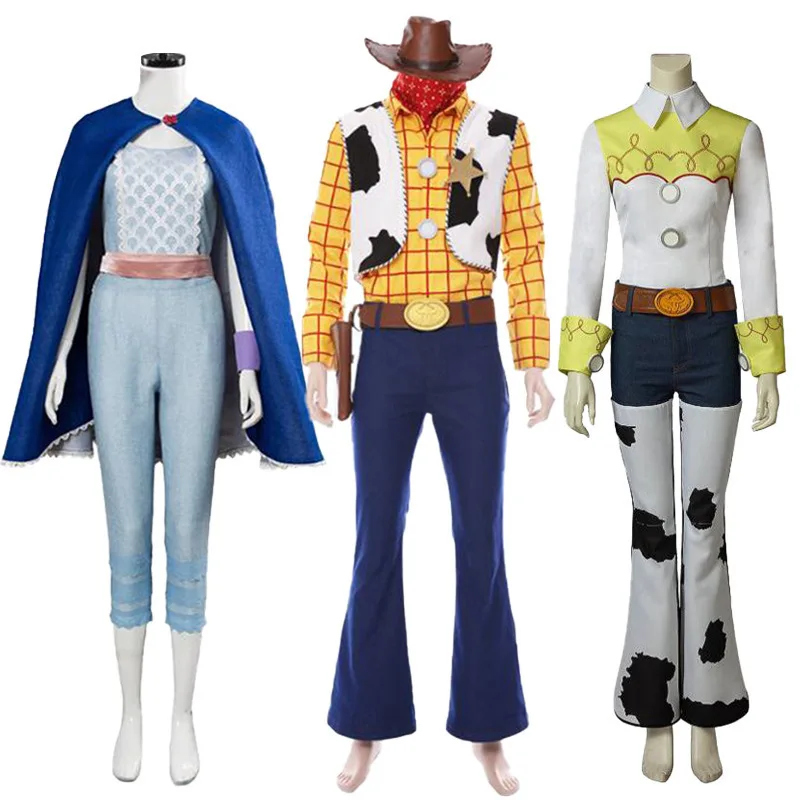 Disney Toy Story Sheriff Woody Pride Bo Peep Jessie Cosplay donna uomo bambini Costume Set cappello Cape Clothes Suit Halloween Prop