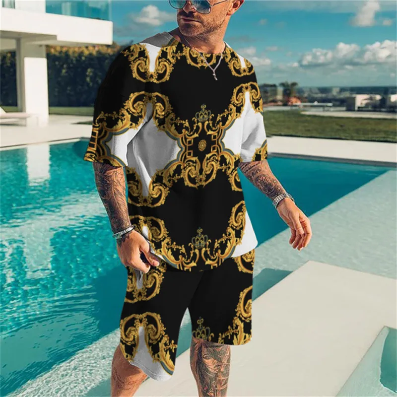 Summer Tracksuit For Men New Luxury Symmetrical Print Short Sleeve T Shirt Shorts 2 Piece Set Oversized Trendy Sportwear Set