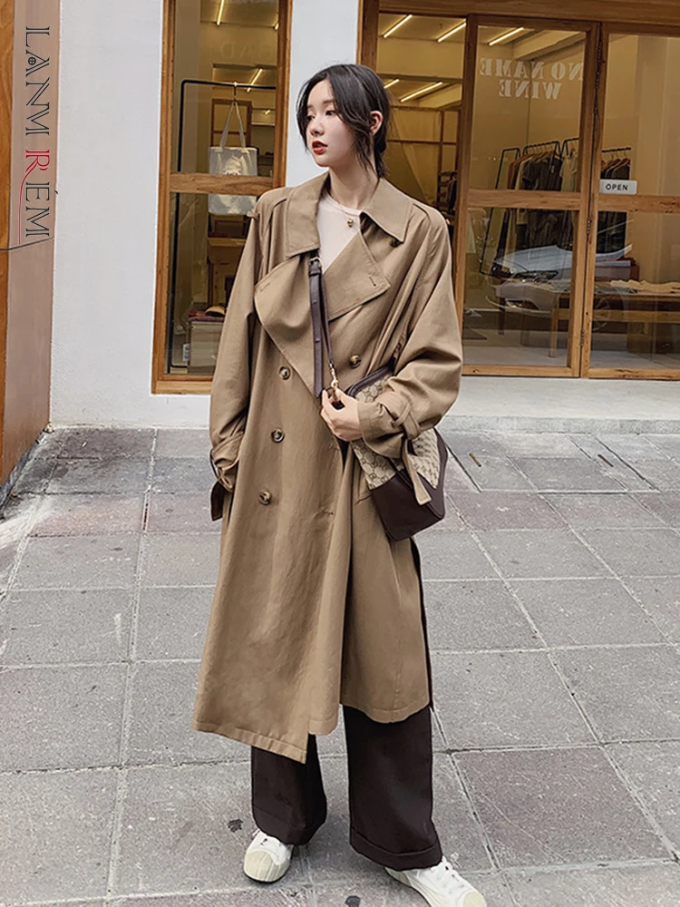 

LANMREM Khaki Trench For Women Lapel Double Breasted Loose Long Length Female Fashion Clothing 2022 Autumn Winter New 2R4333