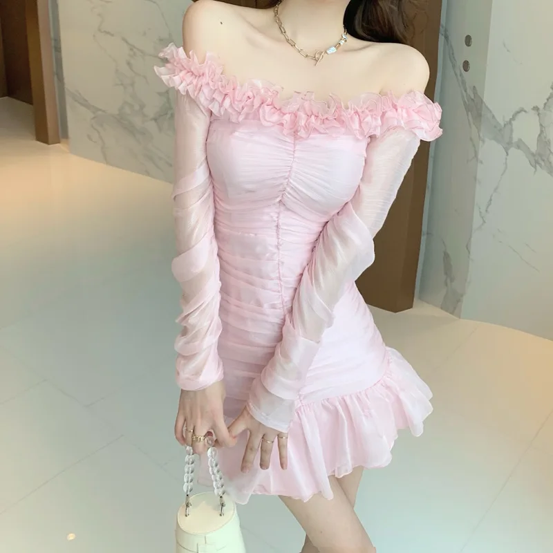 

Birthday Party Dress Women Cute Off Shoulder Bandage Mini Dress Cute Slash Collar Petals Ruffles Mermaid Dress Sweet Pink Dress