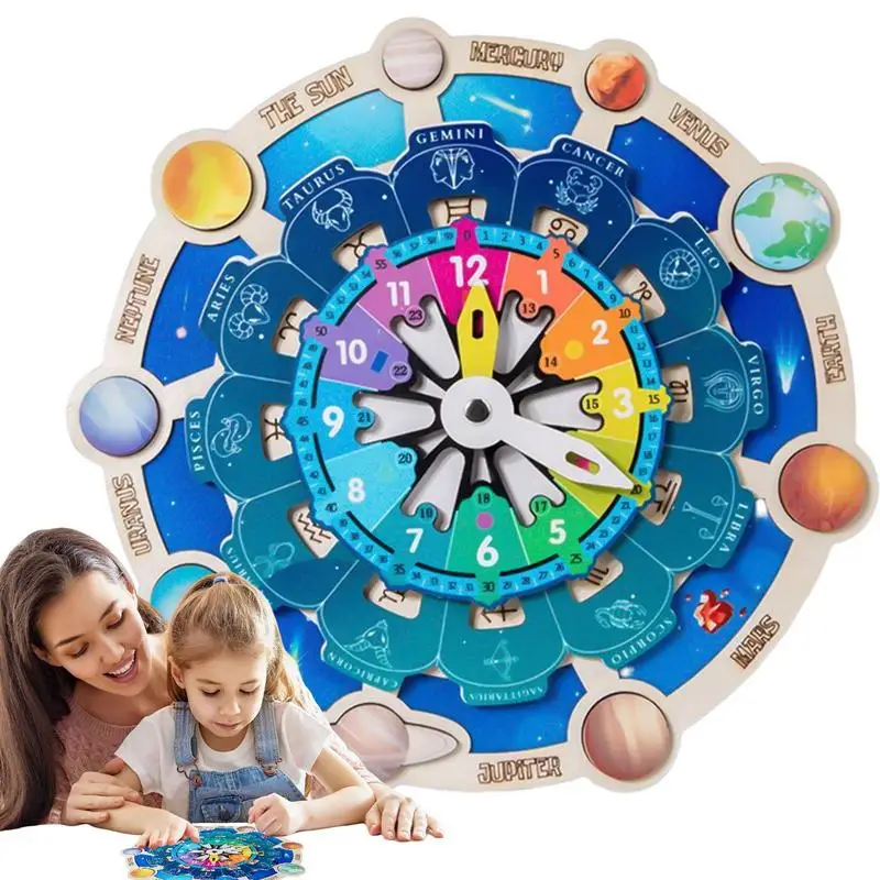 

Montessori Educational Wooden Clock Toy Clock Puzzles Matching Time Cognition Toy Planet Constellation Matching Board