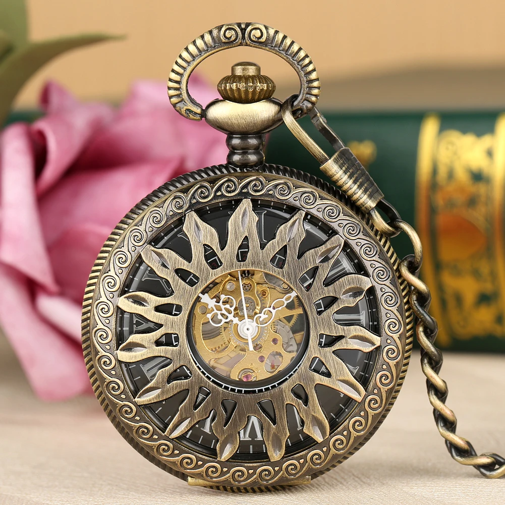 Bronze Sun Skeleton Display Manual Mechanical Pocket Watch Retro Fob Chain Roman Numerals Antique Pocket Timepiece Gifts Male