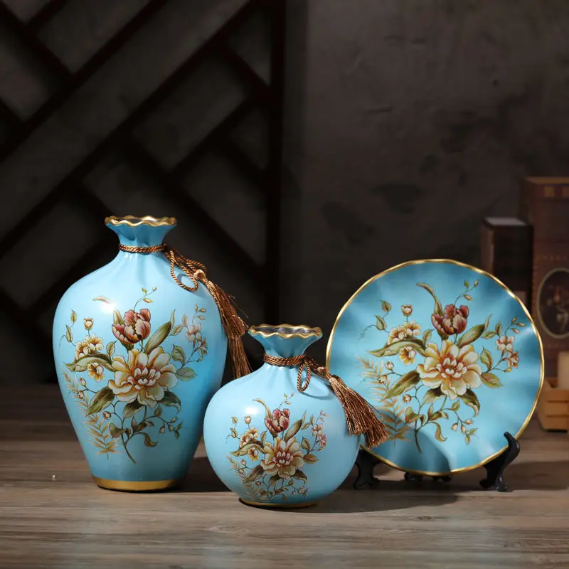 

Керамическая ваза в европейском стиле, набор из трех предметов для дома, гостиной, телевизора, кабинета, Креативные украшения, украшения для крыльца, свадебного подарка