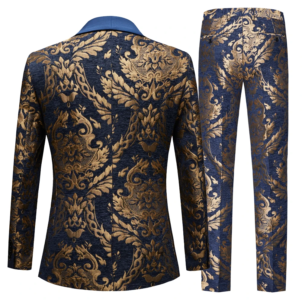 Мужские костюмы с золотым узором и темно-синими смокингами для жениха Шаль