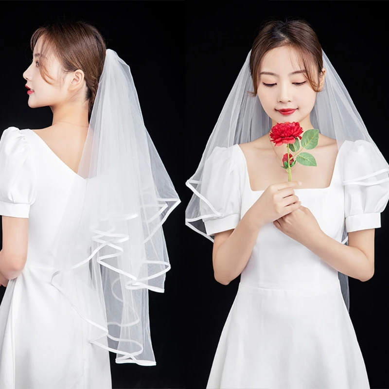 Фата свадебная двухслойная с ленточными краями белый прозрачный Фотофон для